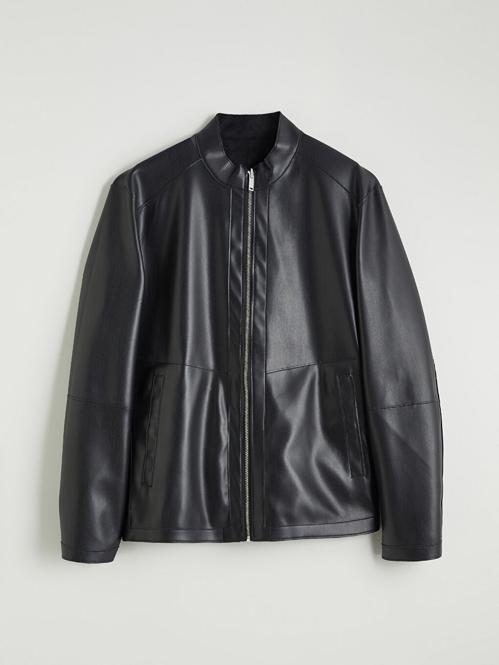 Siyah Standart Kalıp Dik Yaka Erkek Deri Görünümlü Mont-8