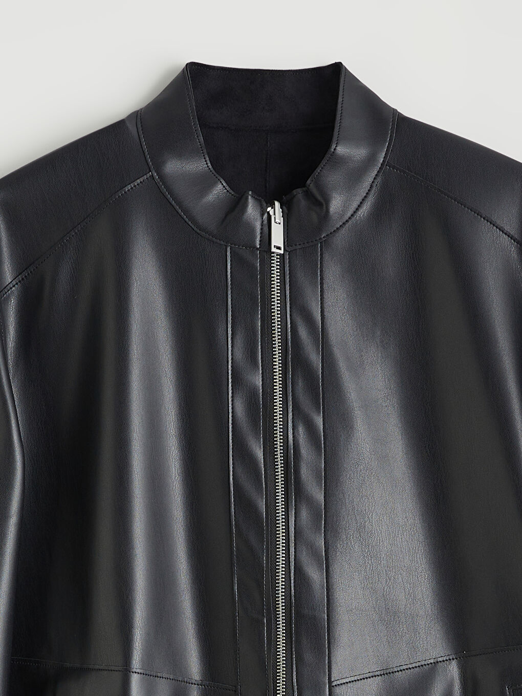 Siyah Standart Kalıp Dik Yaka Erkek Deri Görünümlü Mont-9