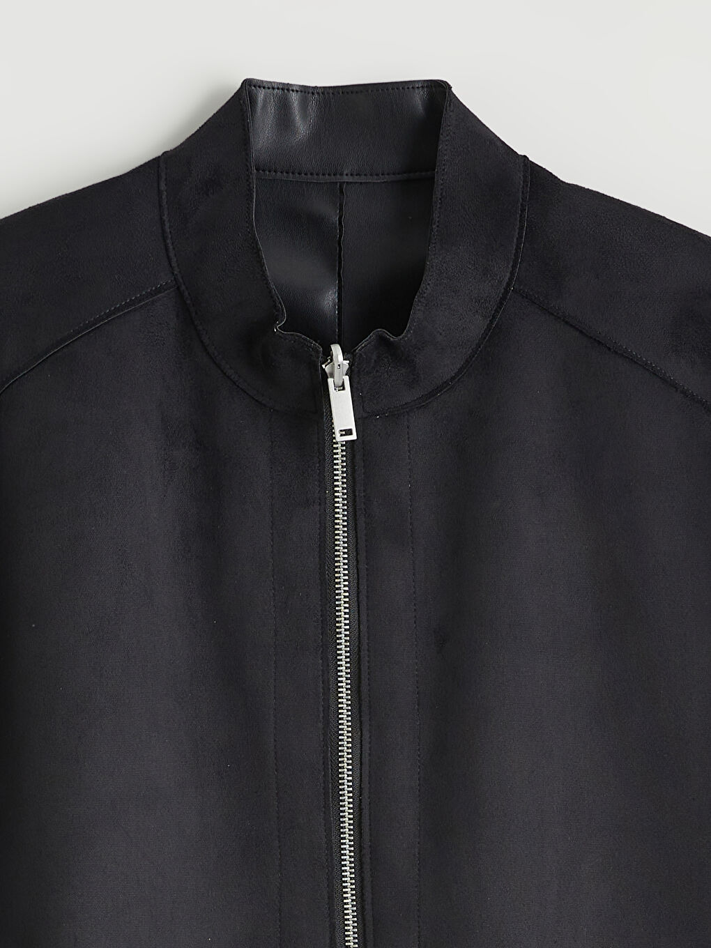 Siyah Standart Kalıp Dik Yaka Erkek Deri Görünümlü Mont-10