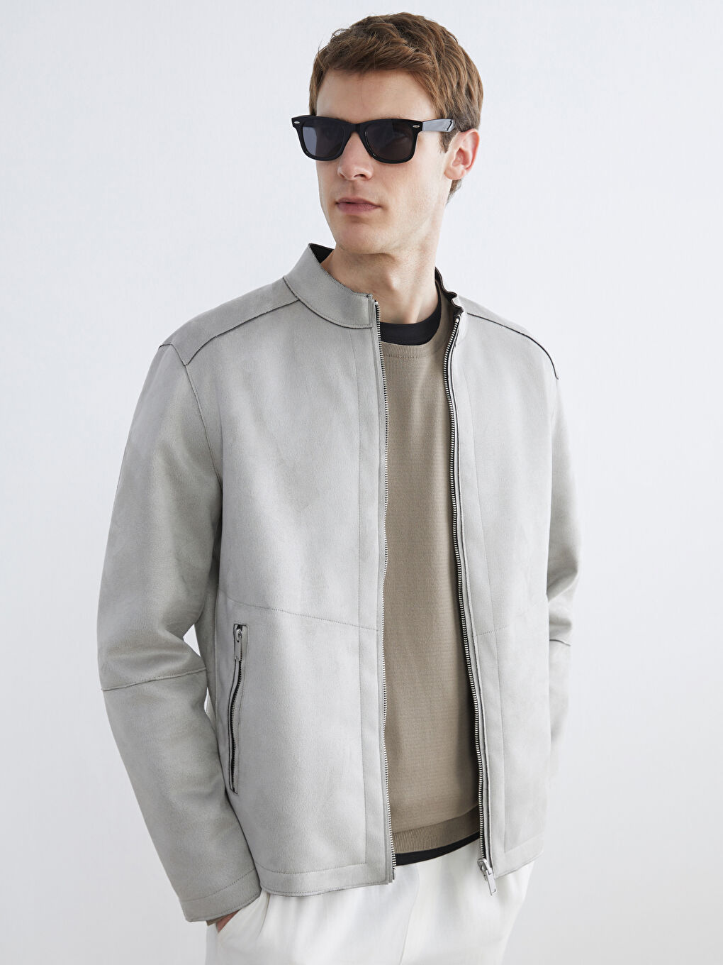 Bej Standart Kalıp Dik Yaka Erkek Deri Görünümlü Mont-1