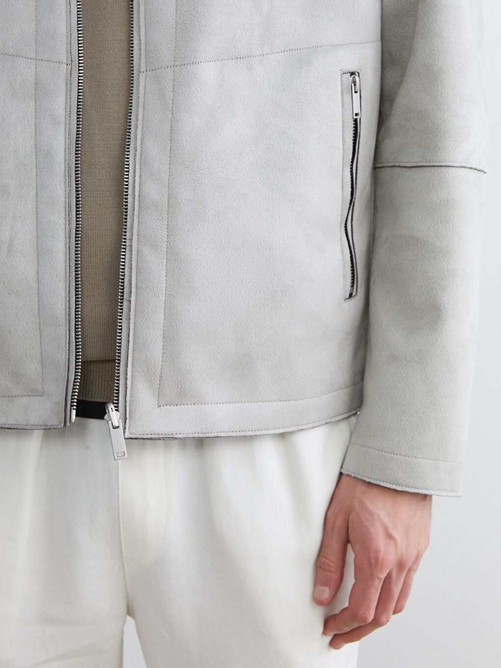 Bej Standart Kalıp Dik Yaka Erkek Deri Görünümlü Mont-4