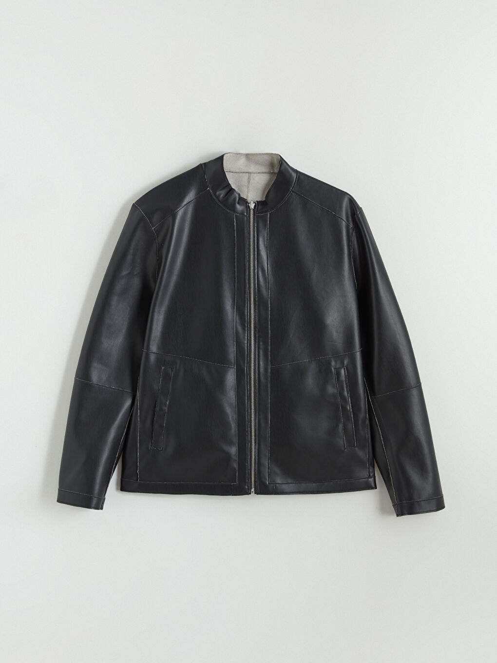 Bej Standart Kalıp Dik Yaka Erkek Deri Görünümlü Mont-9