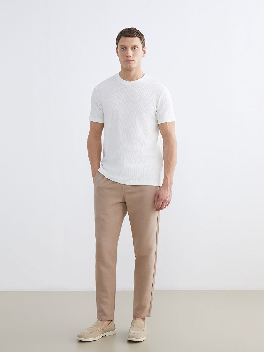 Ekru Bisiklet Yaka Erkek Tişört-1