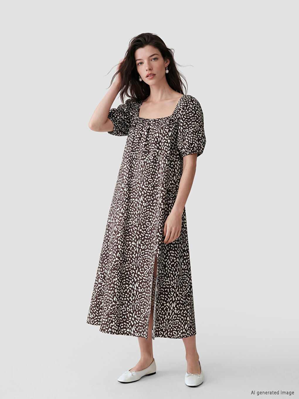 Square Neck Floral Slit Dress