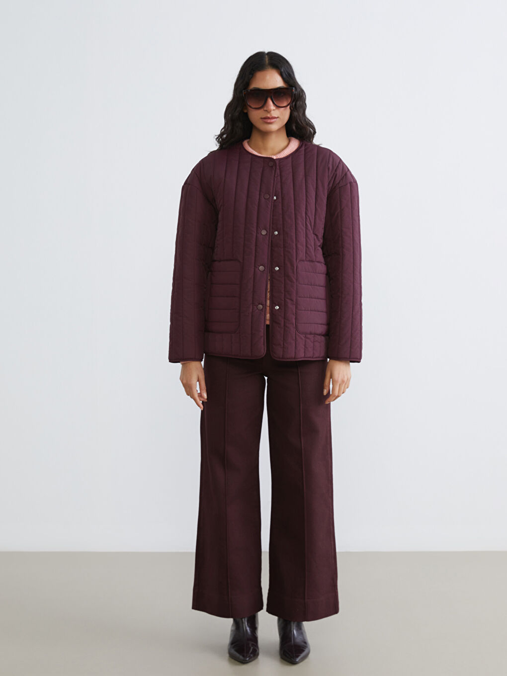 Bordo Bisiklet Yaka Oversize Kadın Mont-1