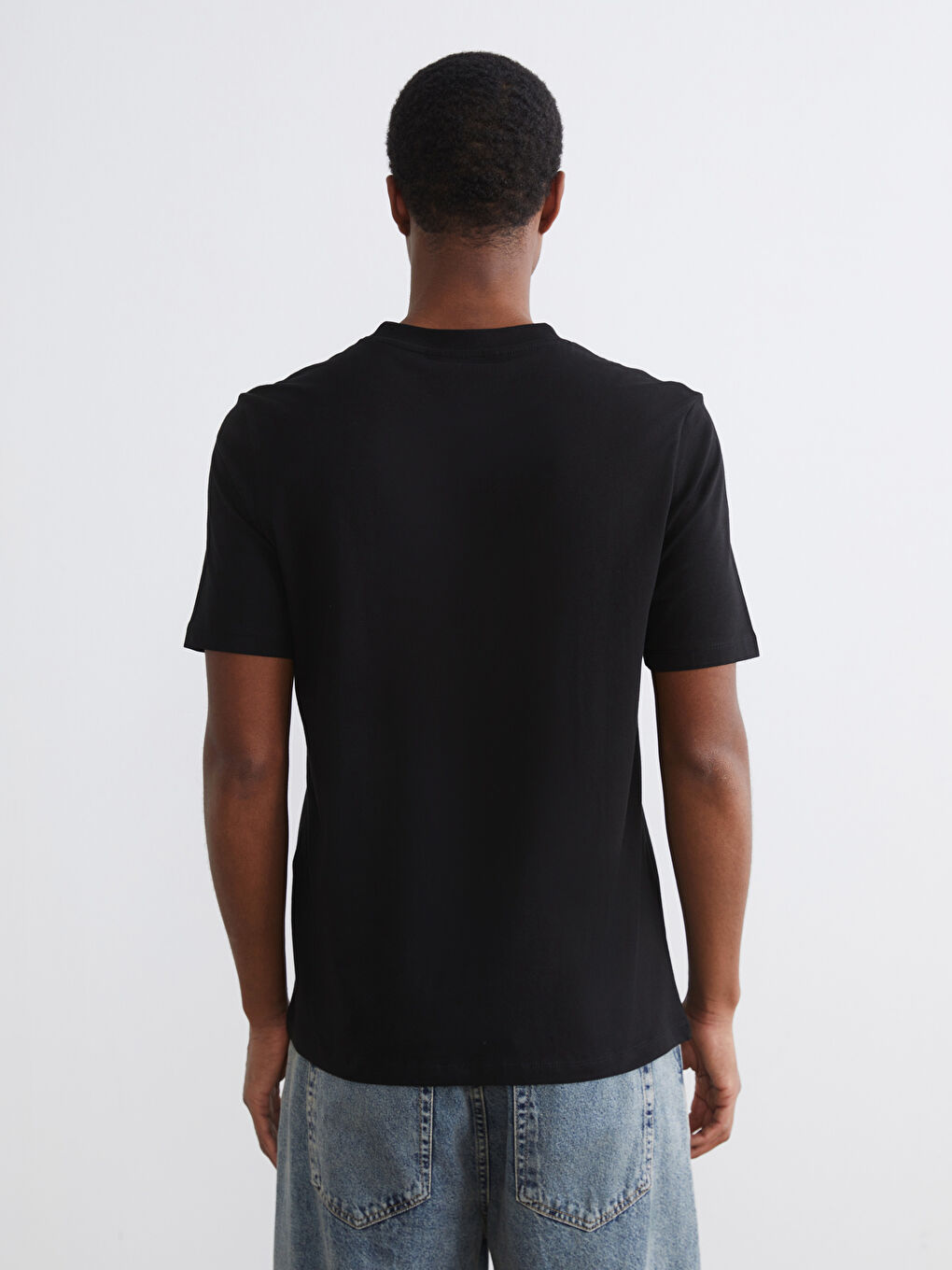 Siyah Bisiklet Yaka Baskılı Penye Erkek Tişört-3