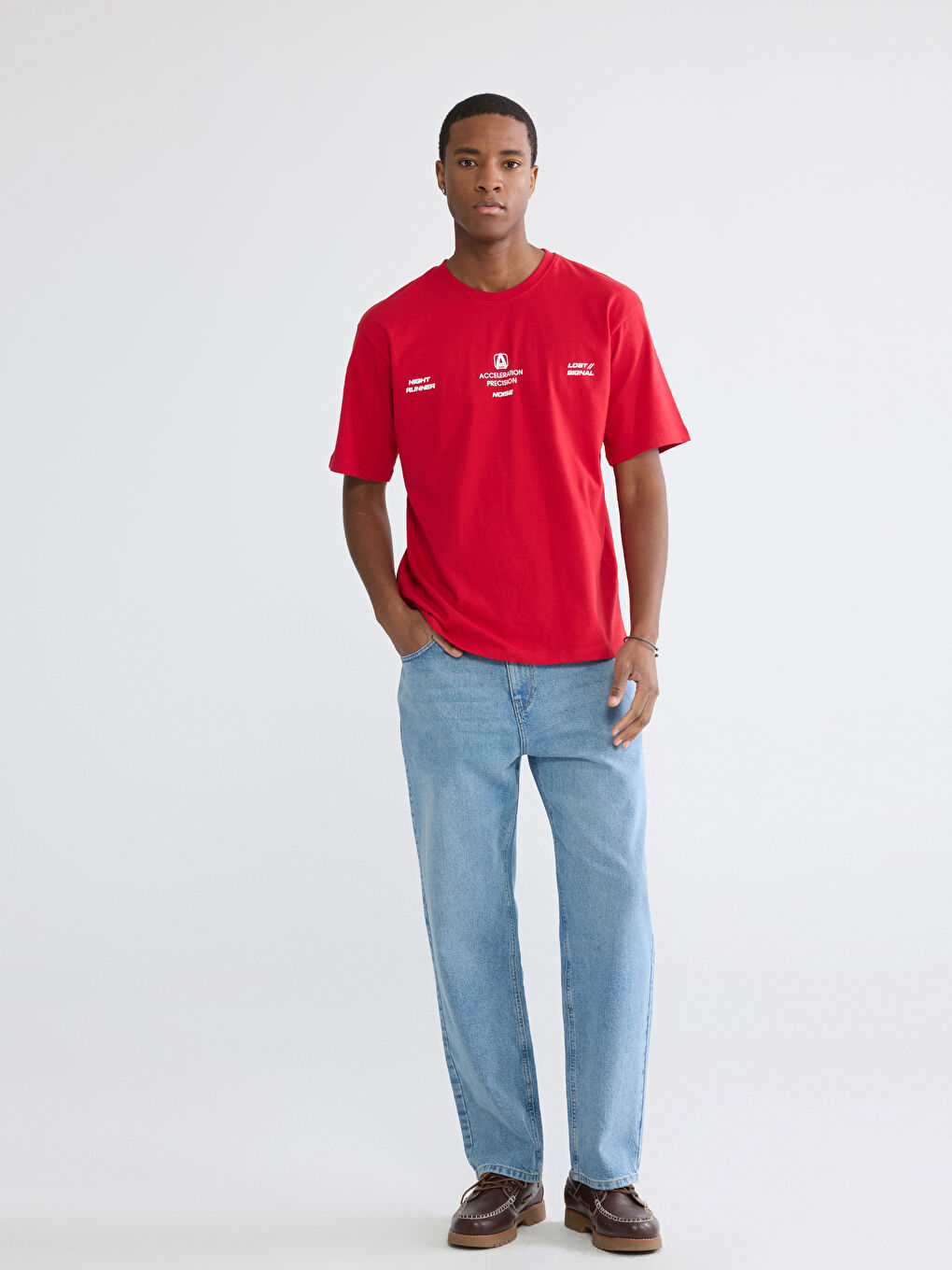 Kırmızı Bisiklet Yaka Baskılı Erkek Tişört-1