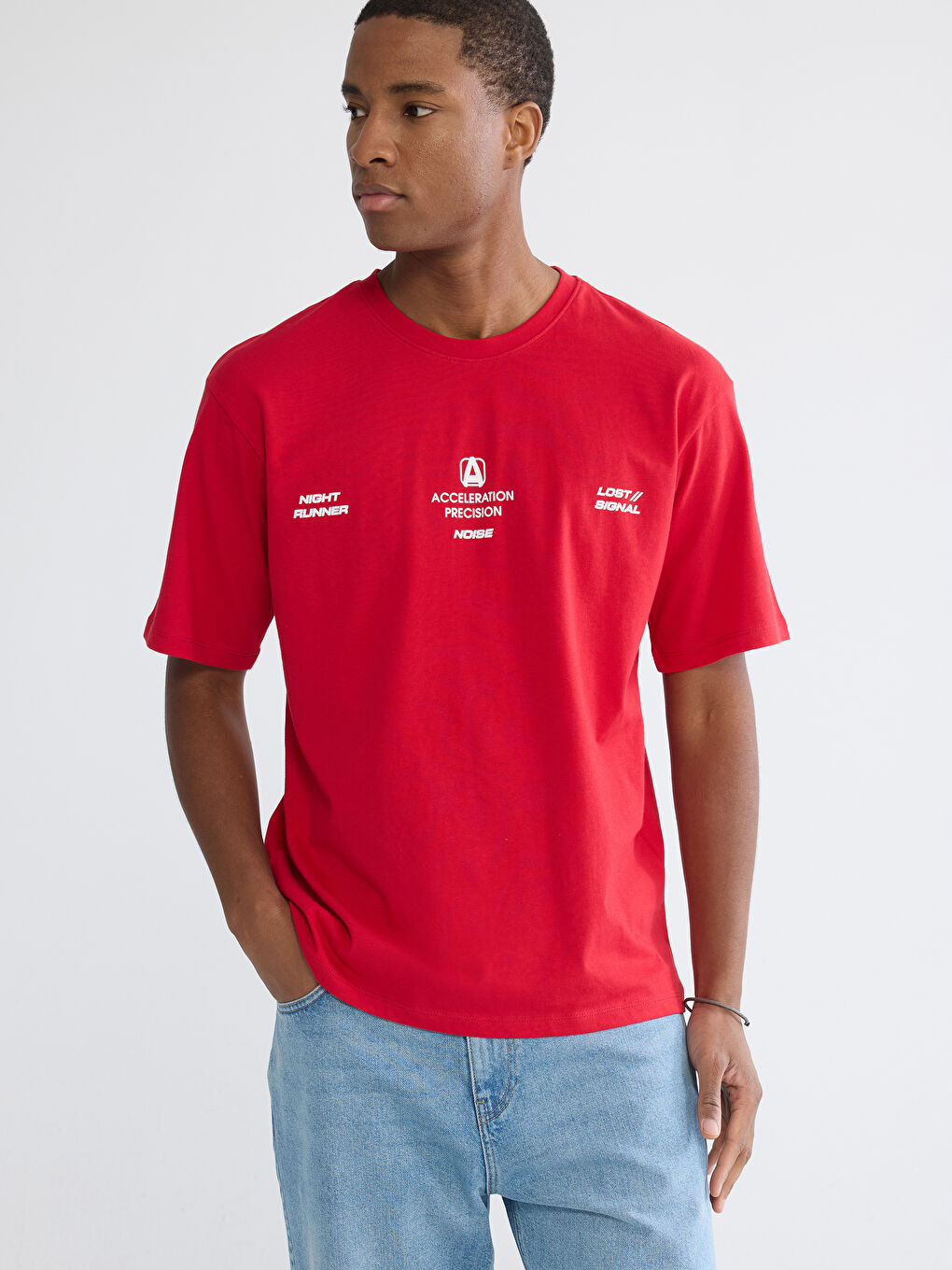 Kırmızı Bisiklet Yaka Baskılı Erkek Tişört-2