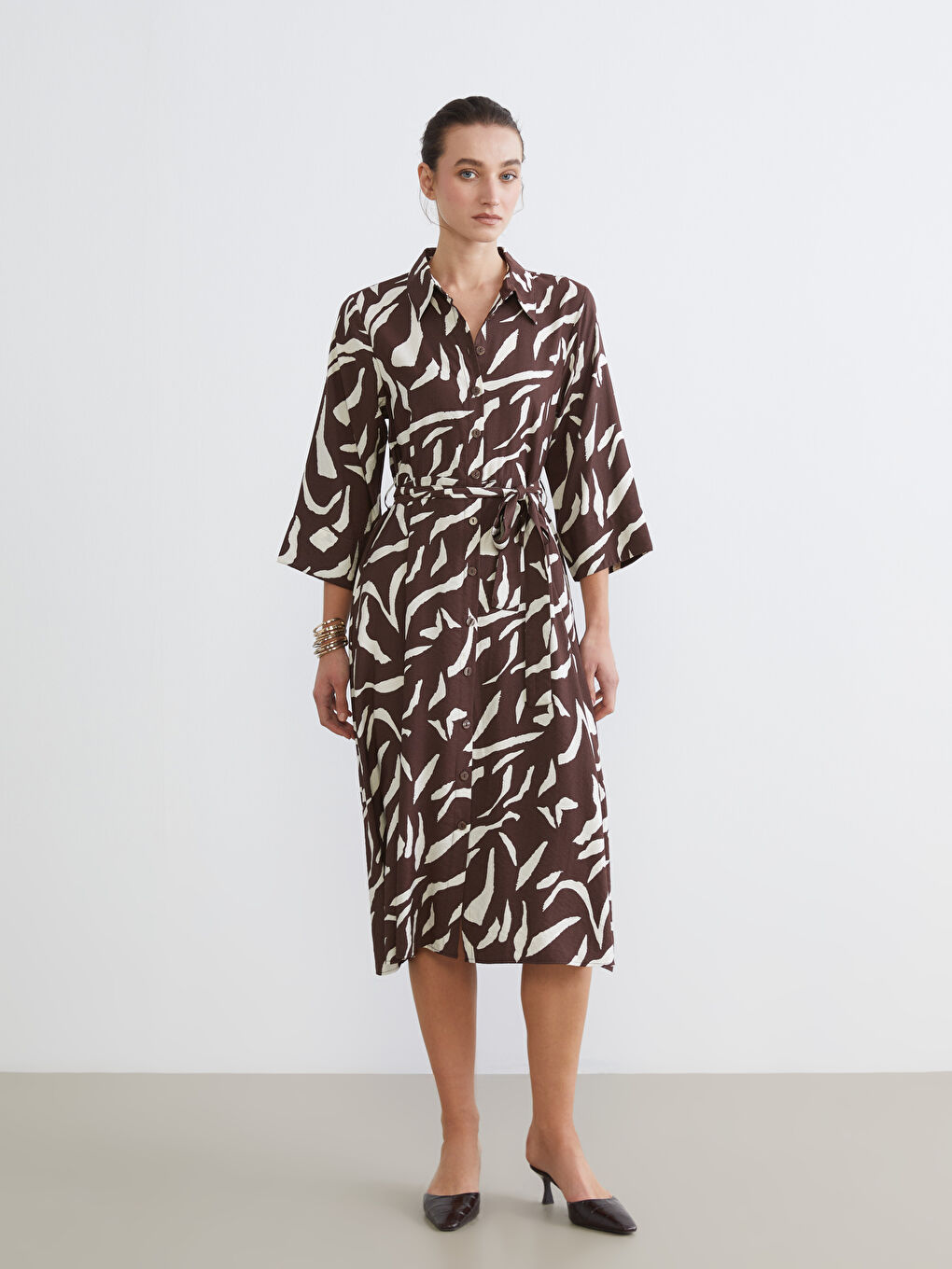 Belted Patterned Fitted Waist Shirt Dress