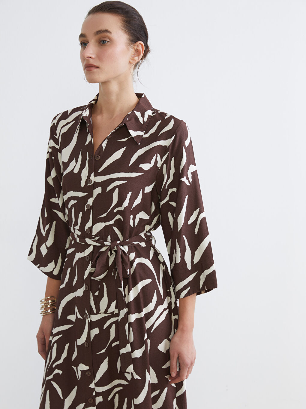 Belted Patterned Fitted Waist Shirt Dress-1