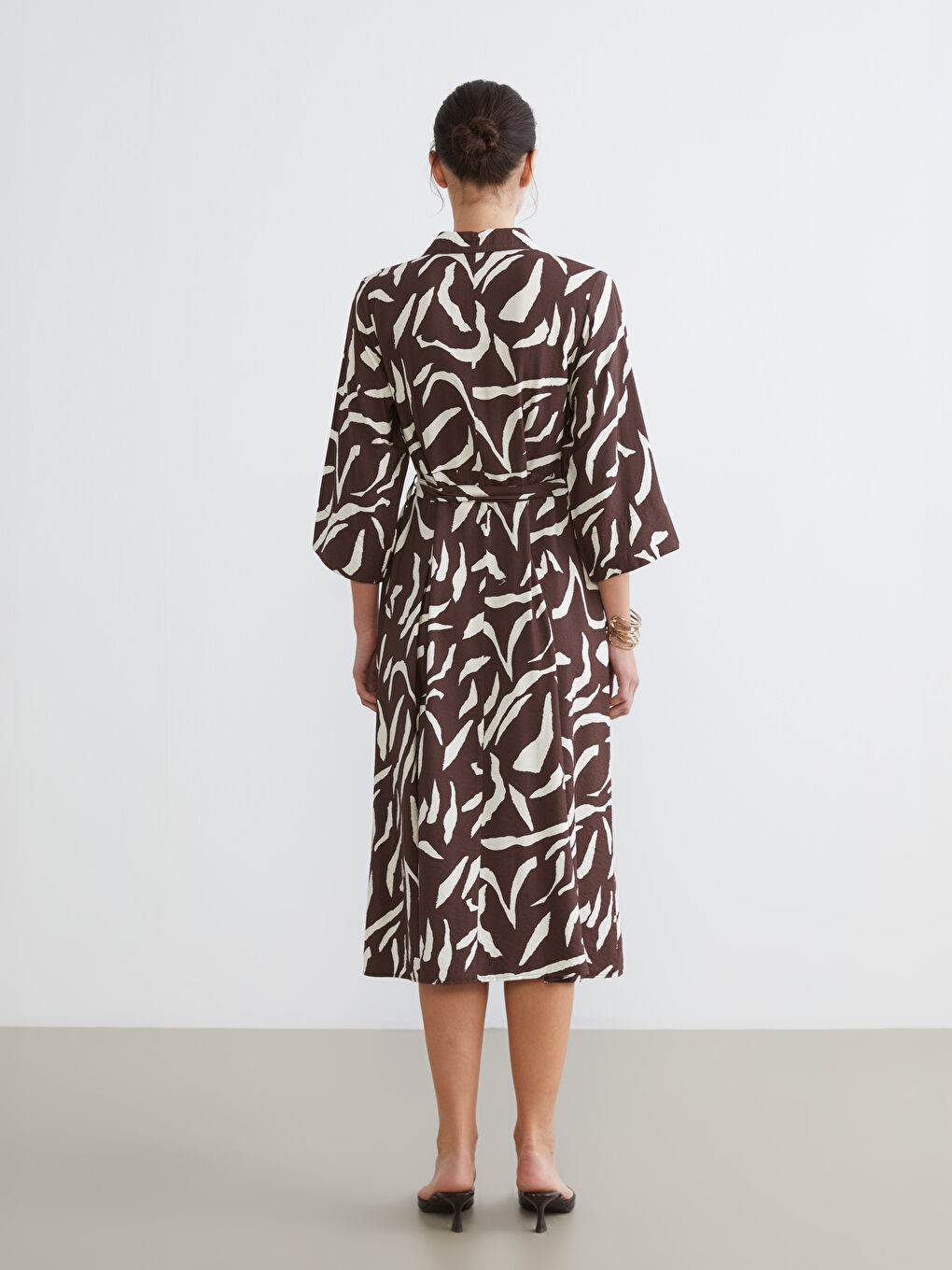 Belted Patterned Fitted Waist Shirt Dress-3