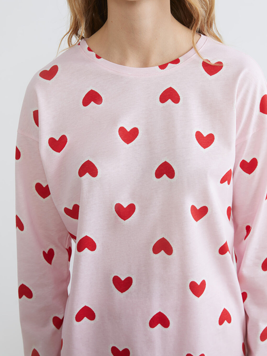 Pembe Bisiklet Yaka Kalp Baskılı Kadın Pijama Takımı-2