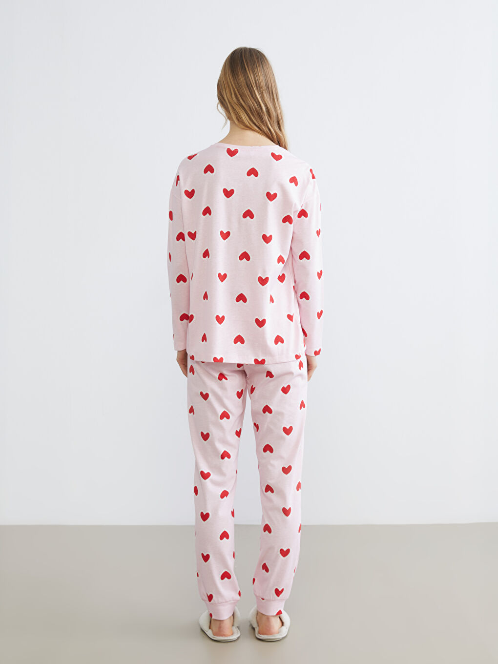 Pembe Bisiklet Yaka Kalp Baskılı Kadın Pijama Takımı-3