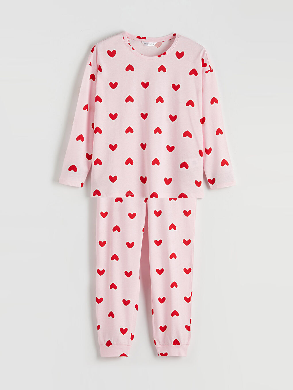 Pembe Bisiklet Yaka Kalp Baskılı Kadın Pijama Takımı-4