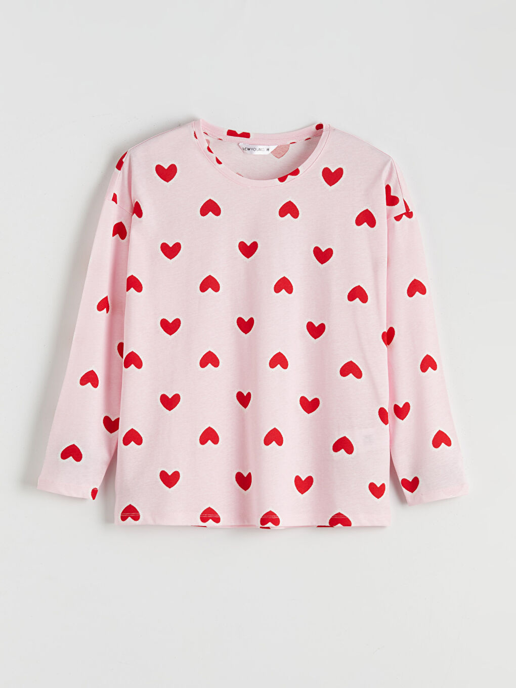 Pembe Bisiklet Yaka Kalp Baskılı Kadın Pijama Takımı-5