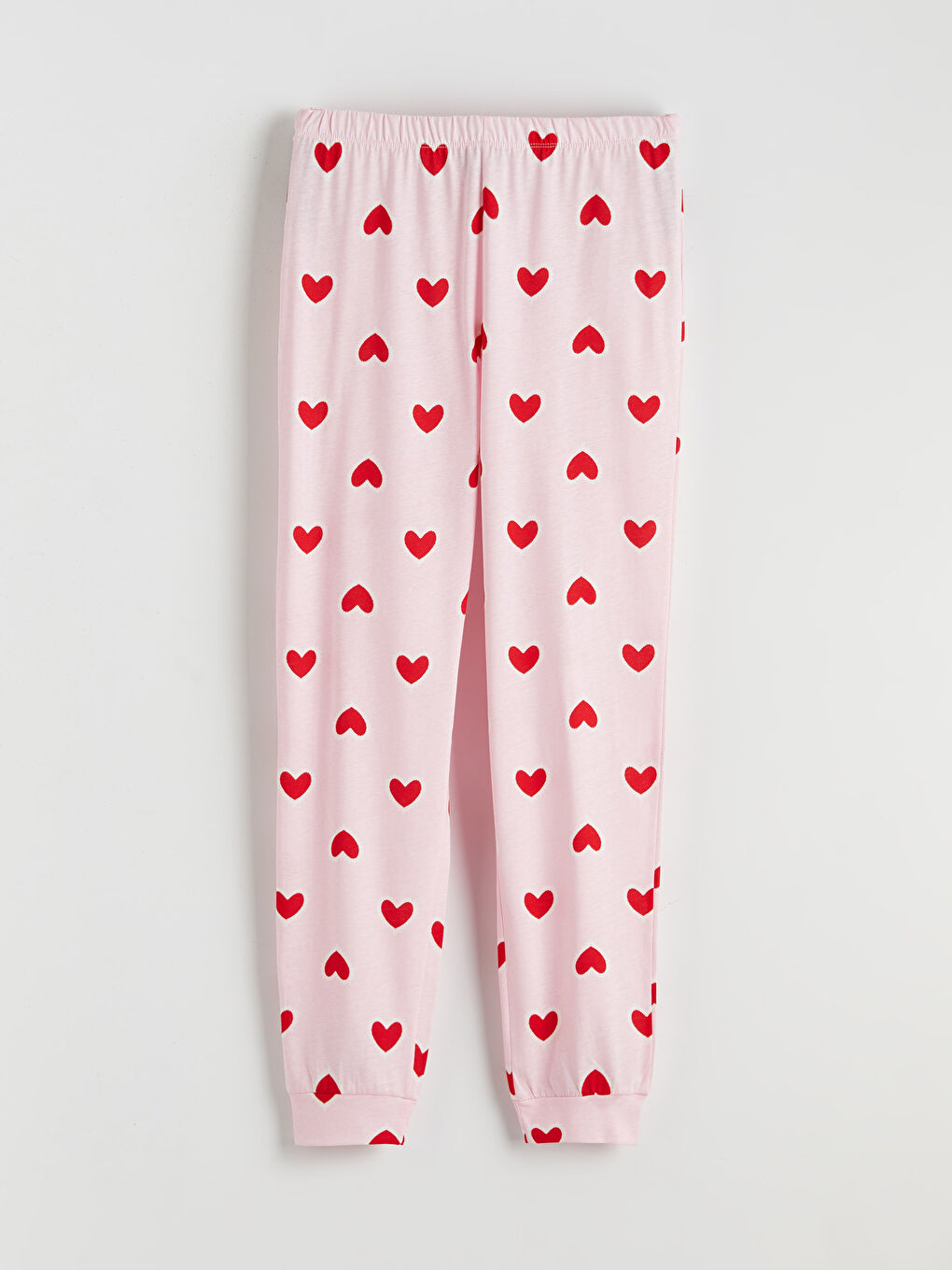 Pembe Bisiklet Yaka Kalp Baskılı Kadın Pijama Takımı-6