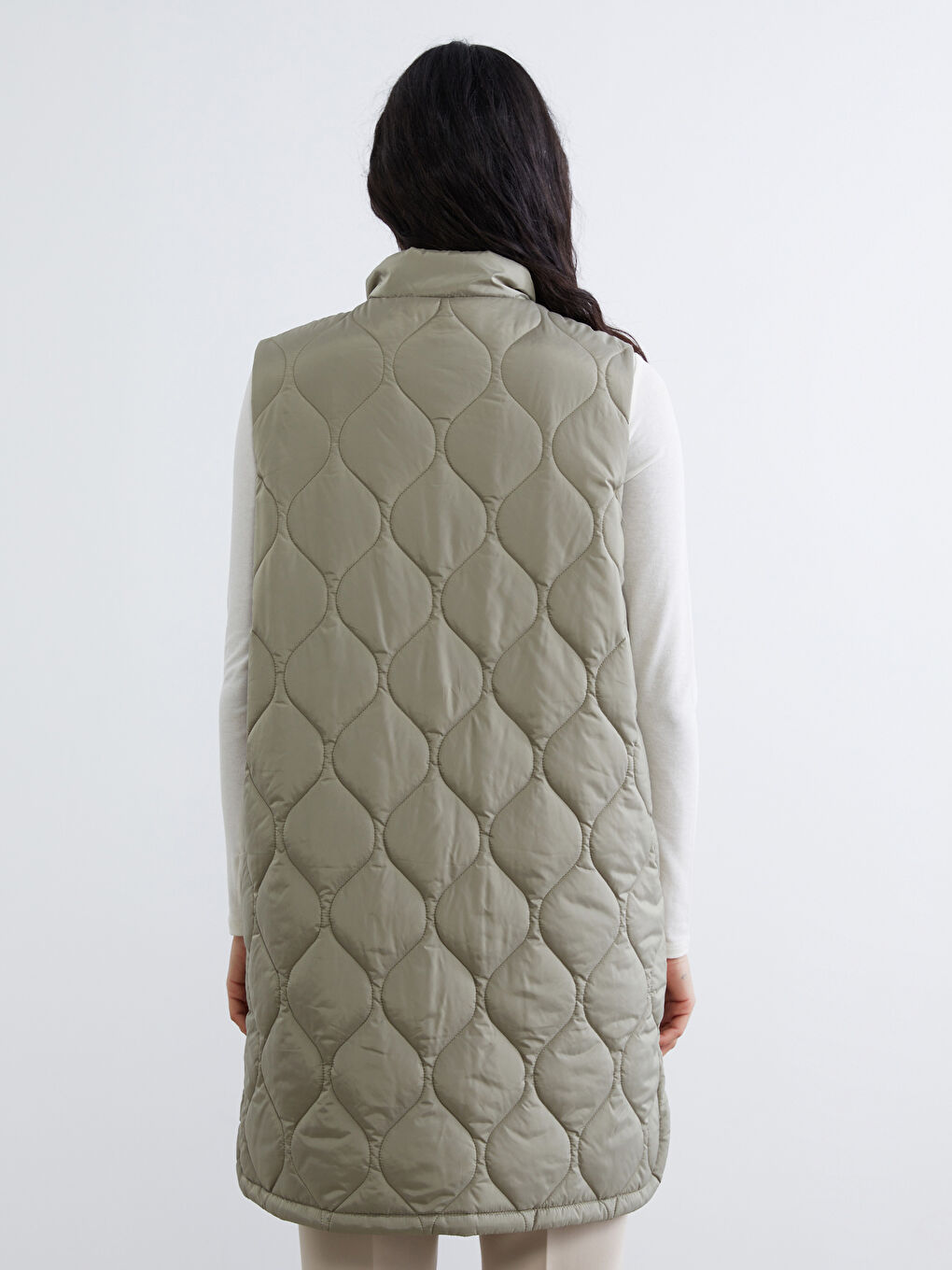 Haki Dik Yaka Kapitone Kadın Şişme Yelek-4