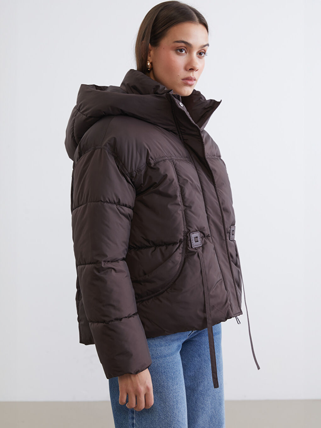 Bordo Kapüşonlu Oversize Kadın Şişme Mont