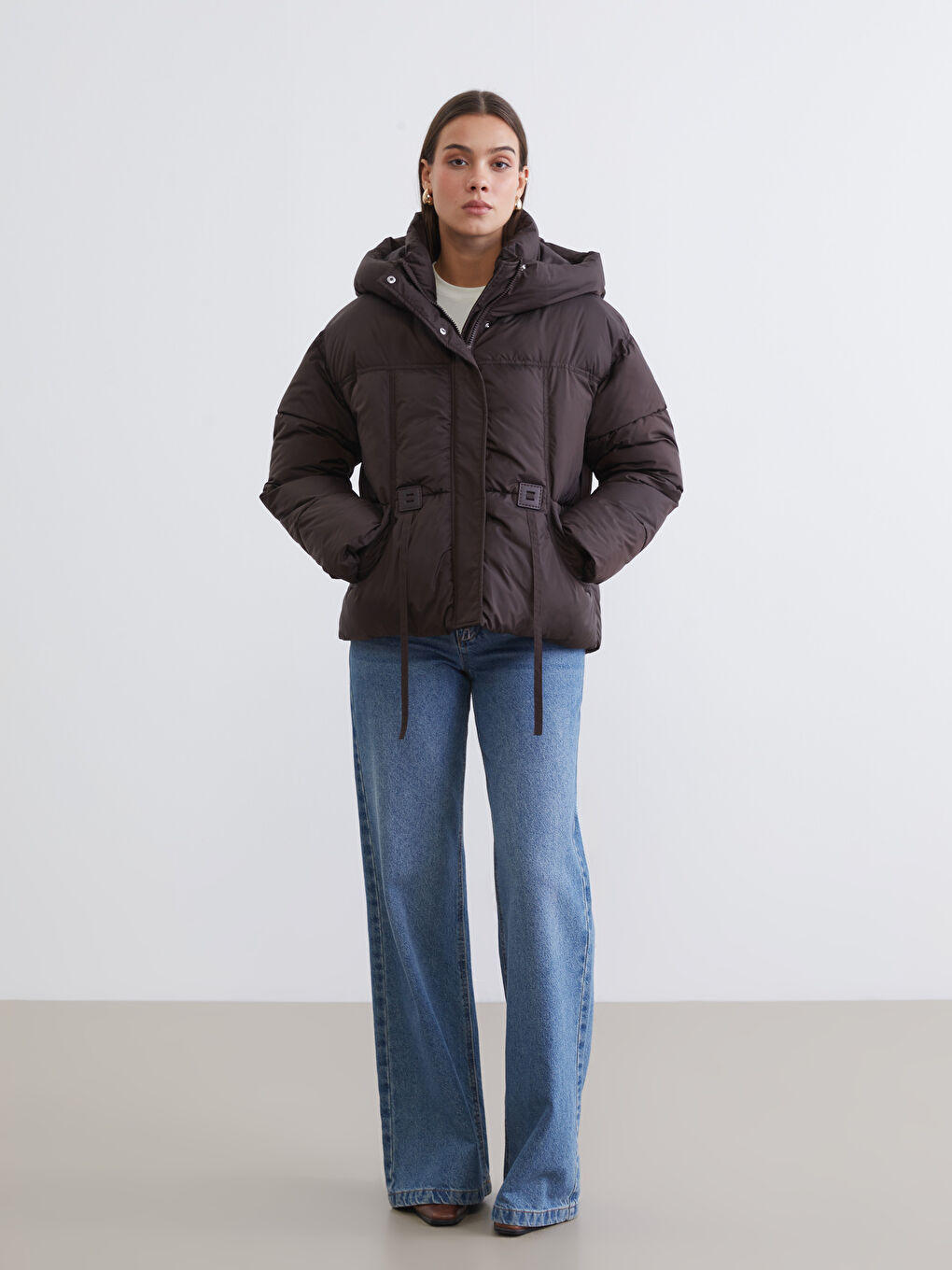 Bordo Kapüşonlu Oversize Kadın Şişme Mont-1