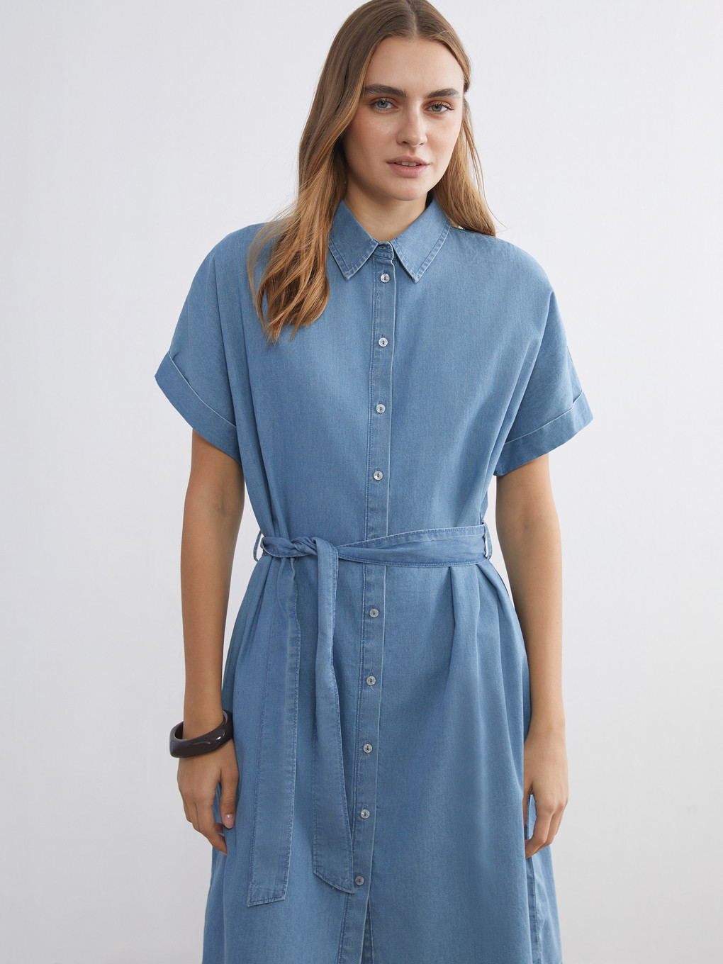Collared Neck Sashed Mini Denim Dress