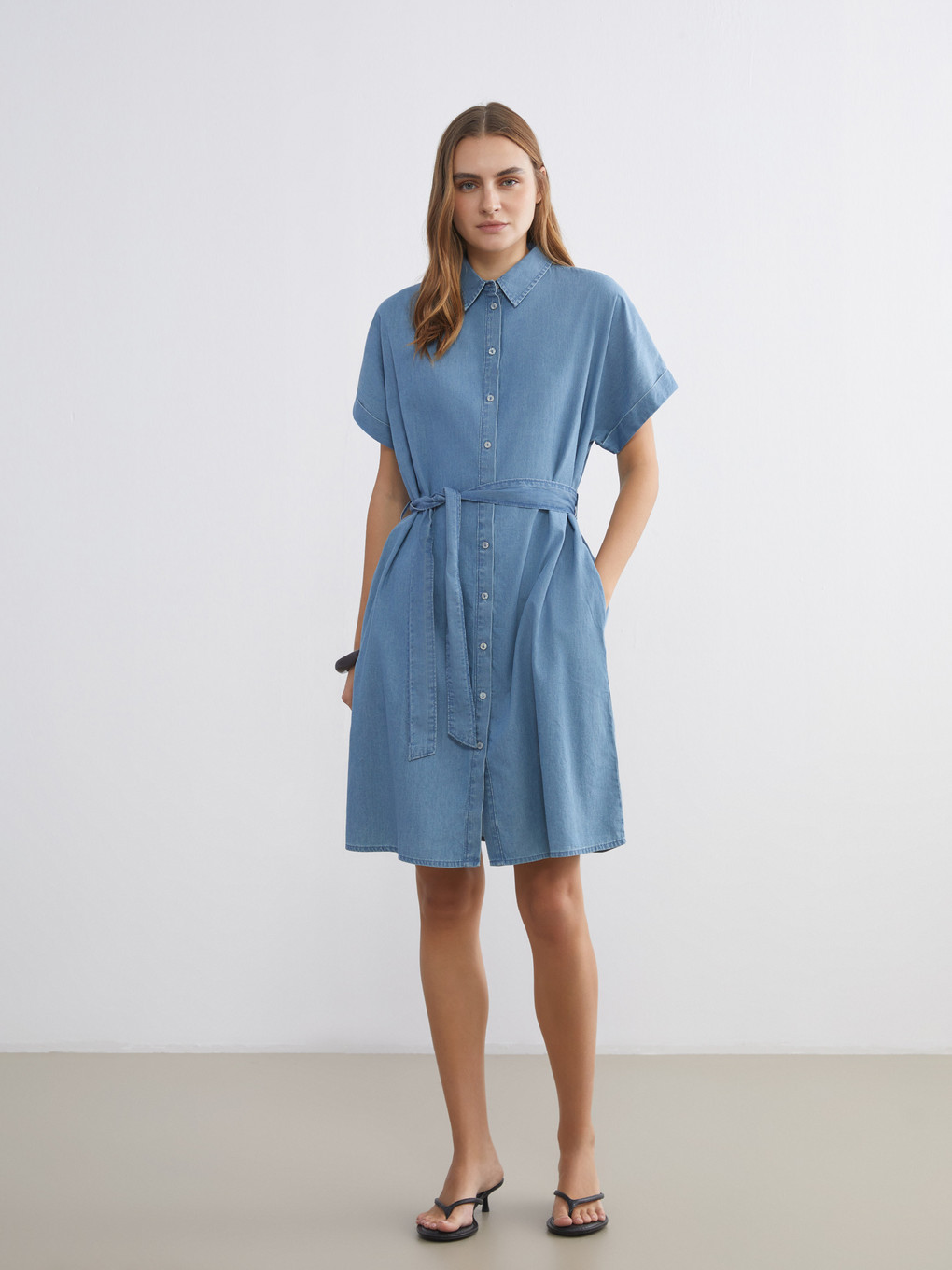 Collared Neck Sashed Mini Denim Dress-1