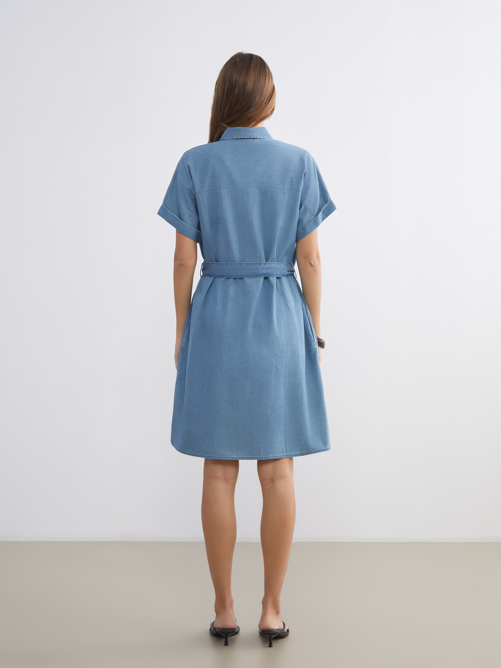 Collared Neck Sashed Mini Denim Dress-3