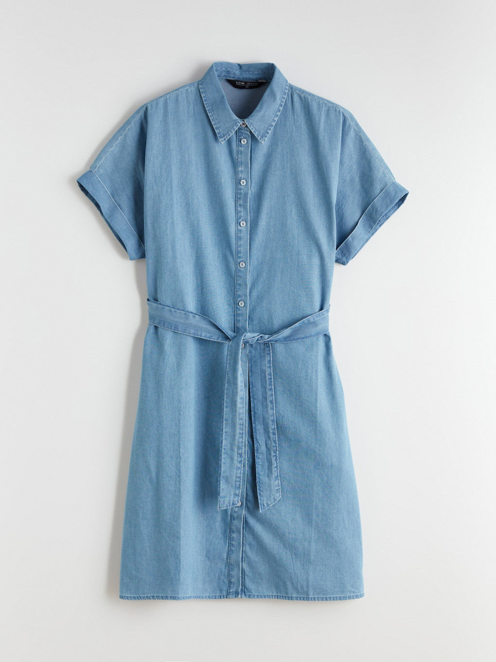 Collared Neck Sashed Mini Denim Dress-4
