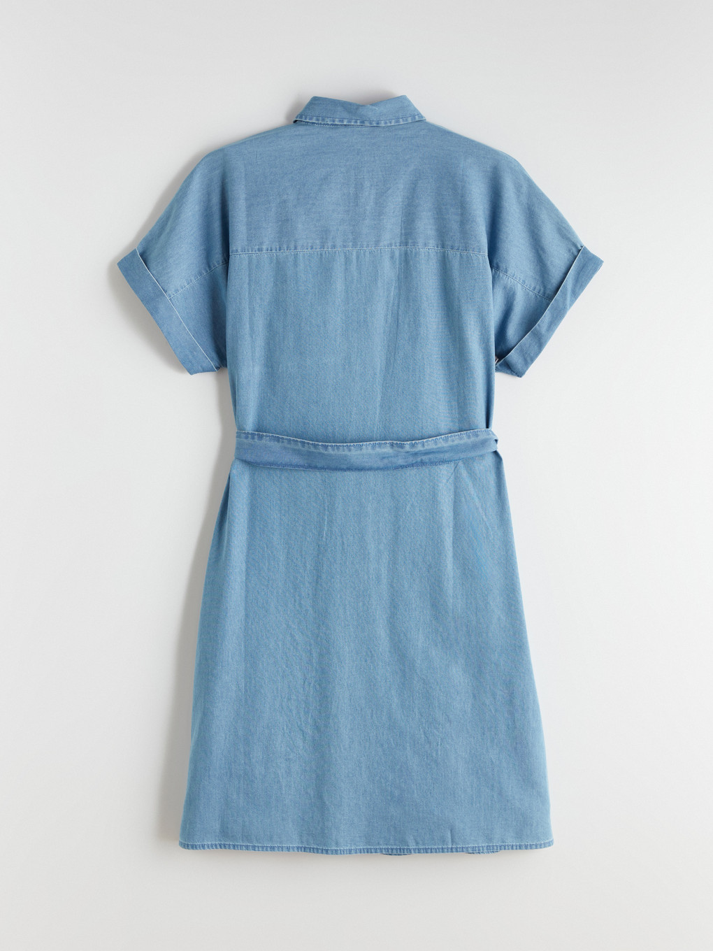 Collared Neck Sashed Mini Denim Dress-5