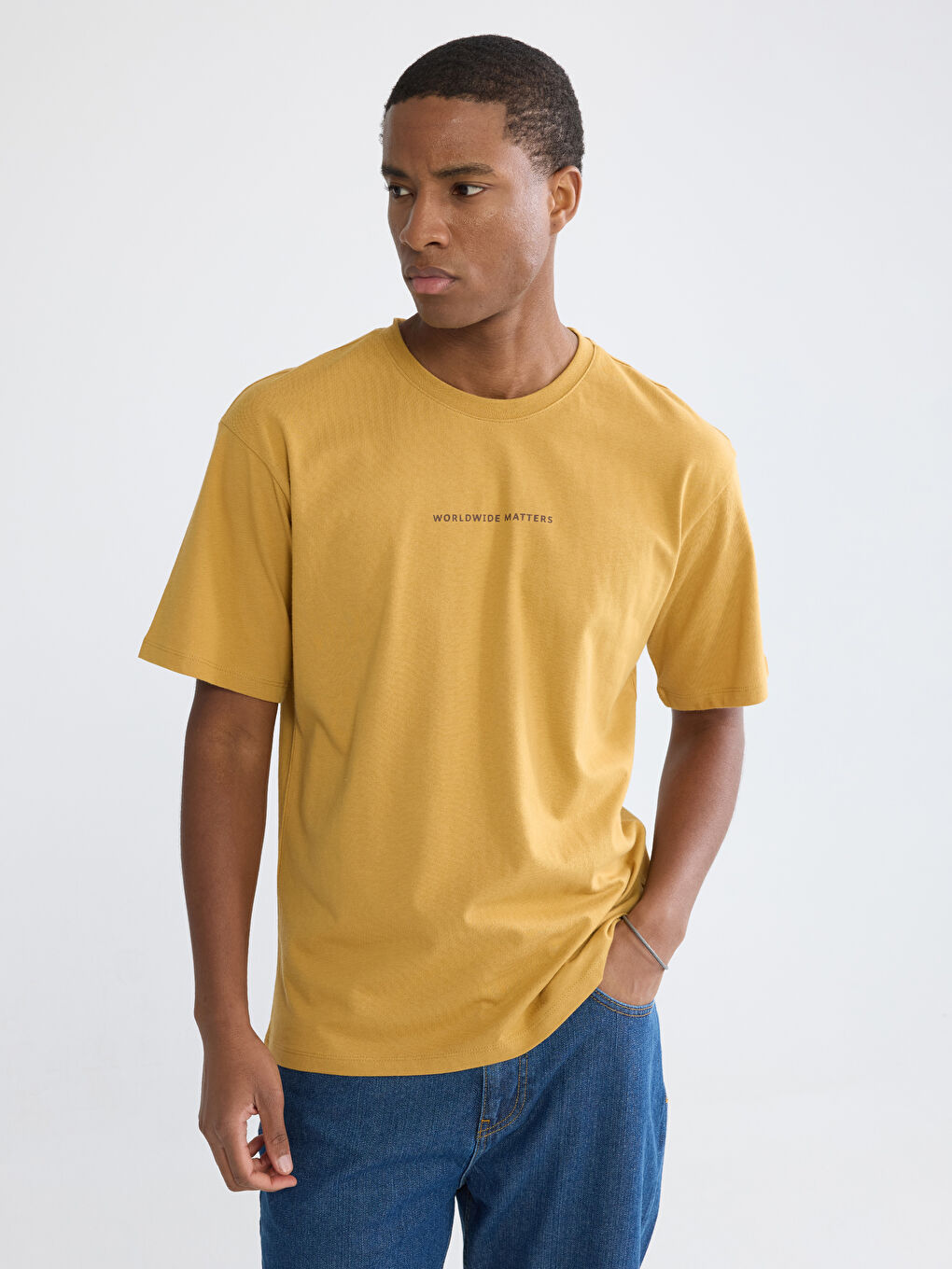 Sarı Bisiklet Yaka Baskılı Erkek Tişört-2