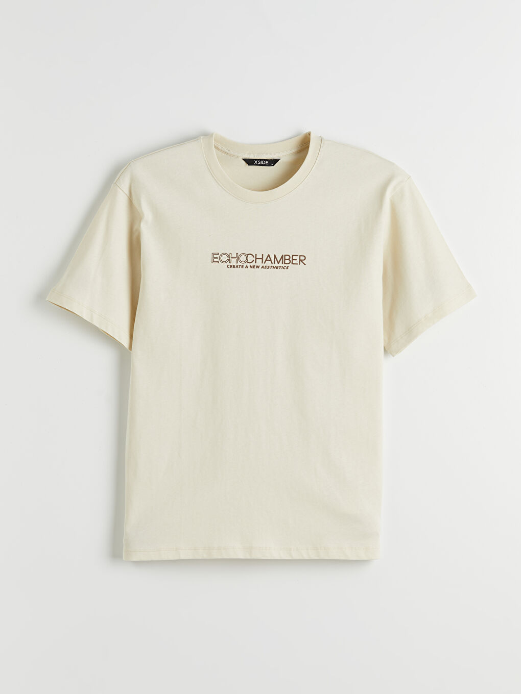 Bej Bisiklet Yaka Baskılı Penye Erkek Tişört-4