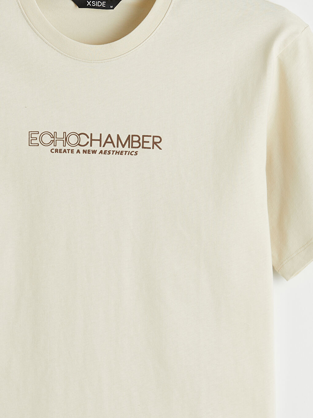 Bej Bisiklet Yaka Baskılı Penye Erkek Tişört-5