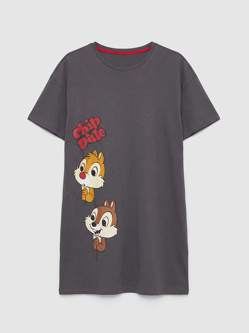 Gri Bisiklet Yaka Chip and Dale Baskılı Kadın Gecelik