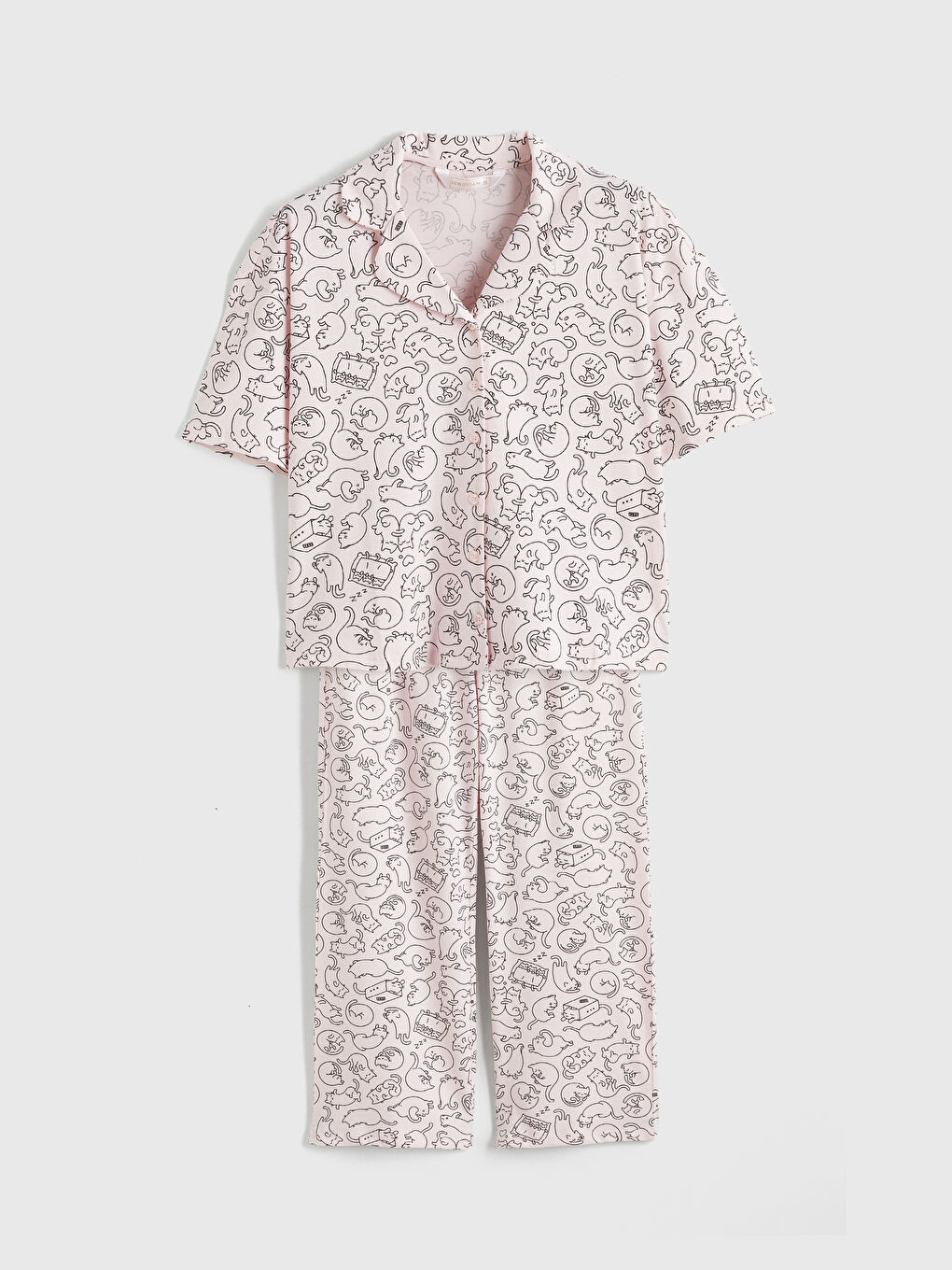 Pembe Gömlek Yaka Kedi Baskılı Kadın Pijama Takım-4