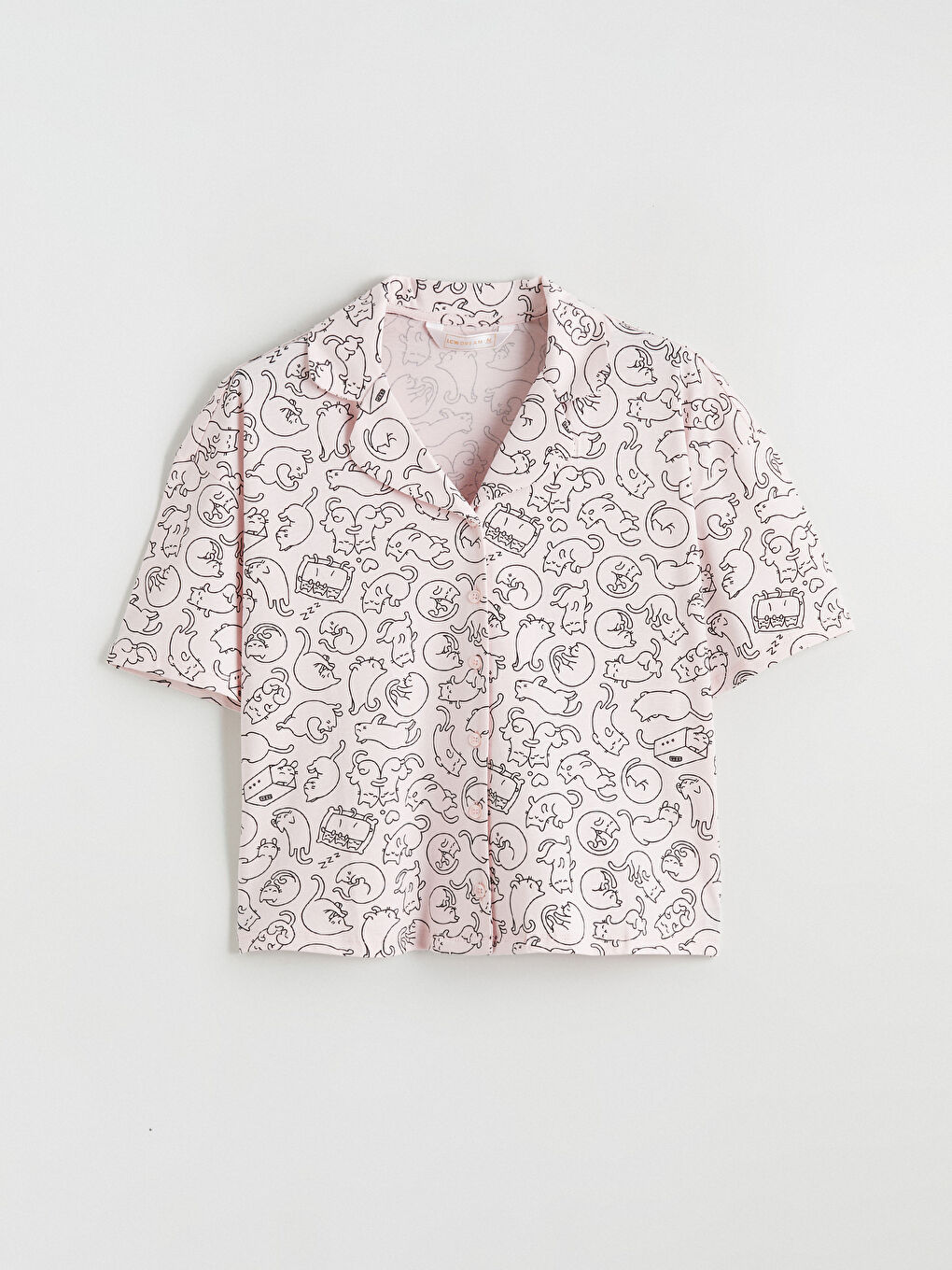 Pembe Gömlek Yaka Kedi Baskılı Kadın Pijama Takım-5