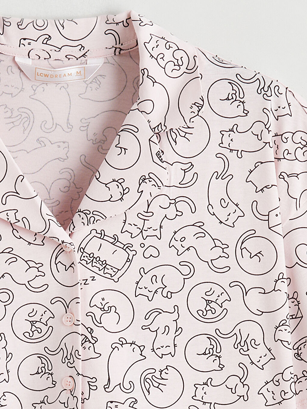 Pembe Gömlek Yaka Kedi Baskılı Kadın Pijama Takım-6