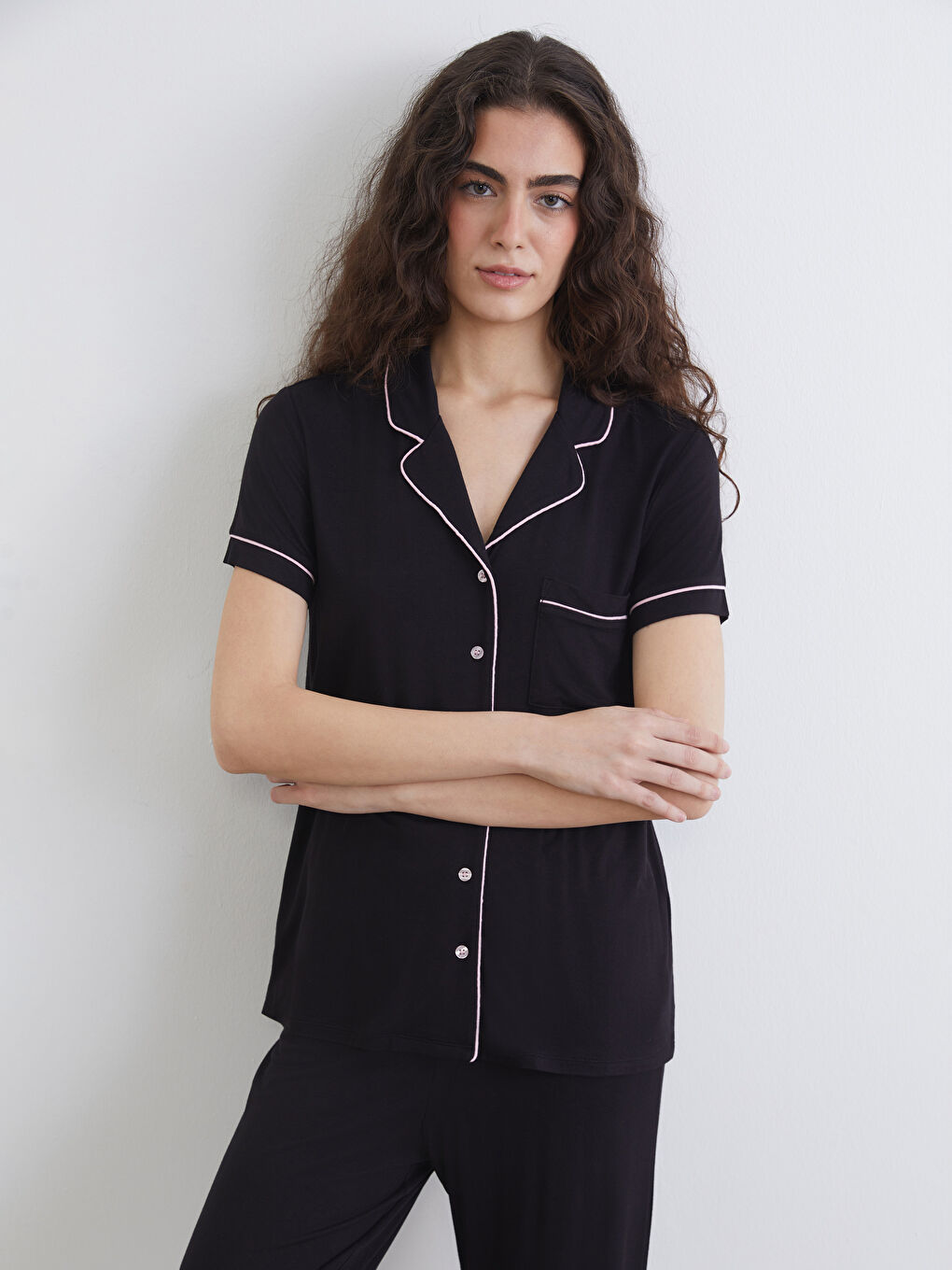Siyah Gömlek Yaka Kadın Pijama Takım-1