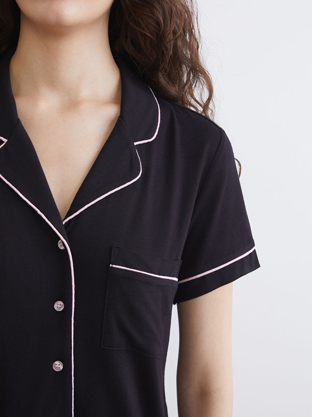 Siyah Gömlek Yaka Kadın Pijama Takım-2