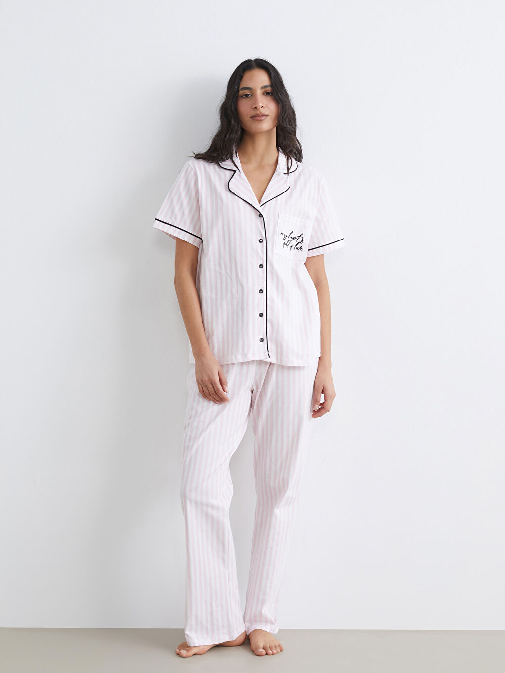 Ekru Gömlek Yaka Çizgili Kadın Pijama Takım-1