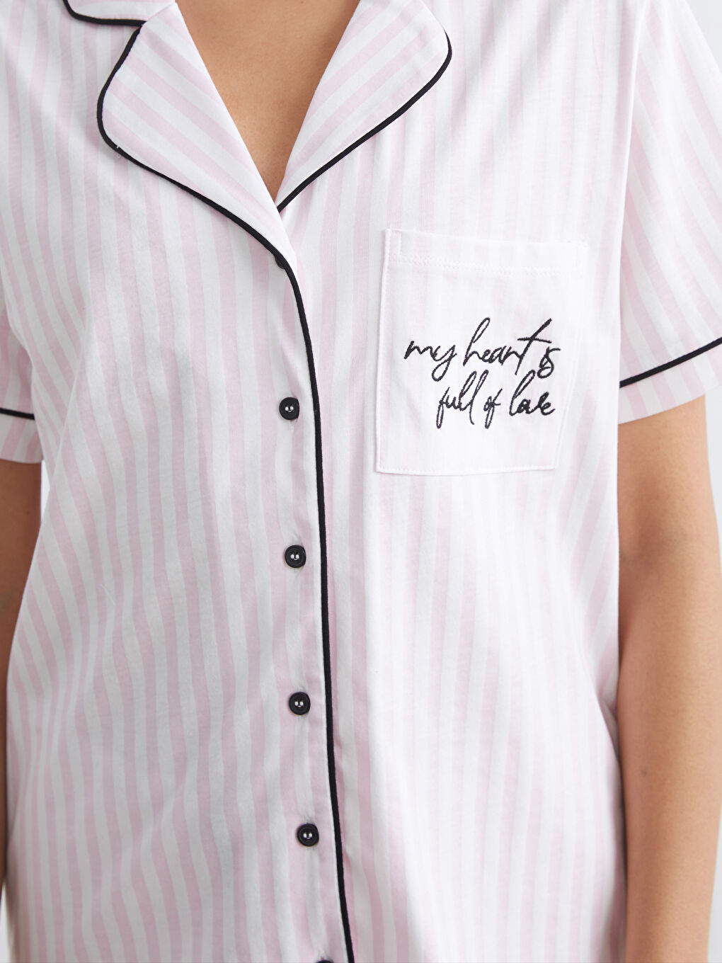 Ekru Gömlek Yaka Çizgili Kadın Pijama Takım-2