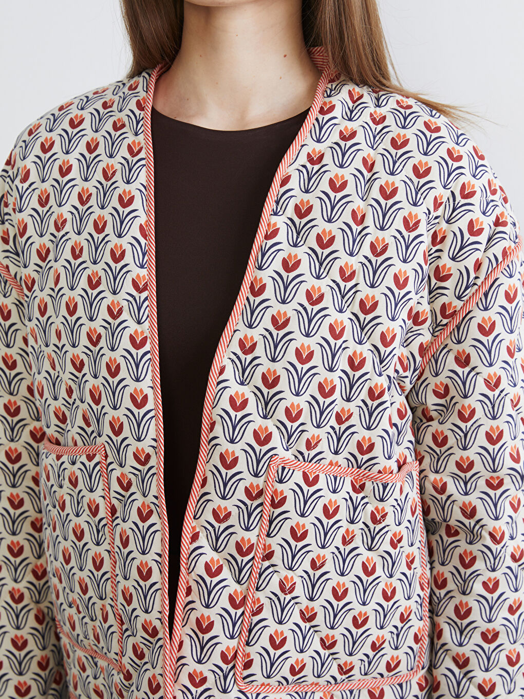 Turuncu Çiçekli Oversize Kadın Mont-2