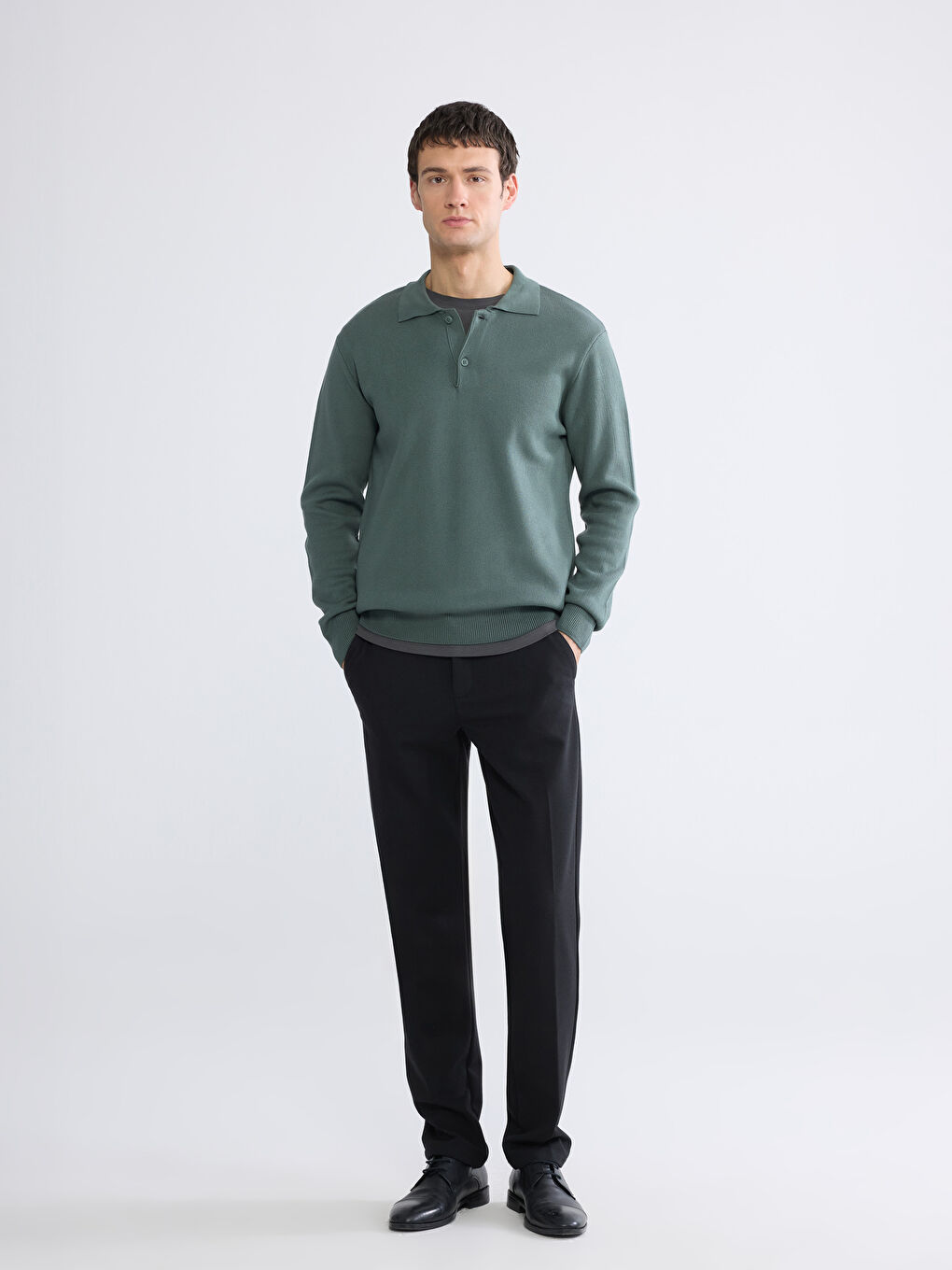 Yeşil Polo Yaka Erkek Triko Kazak-1