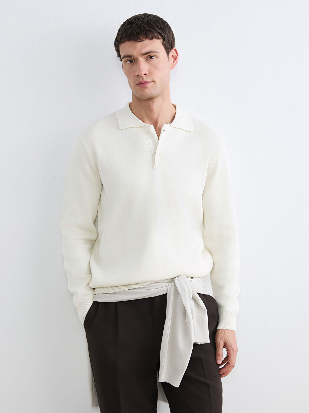 Bej Polo Yaka Erkek Triko Kazak