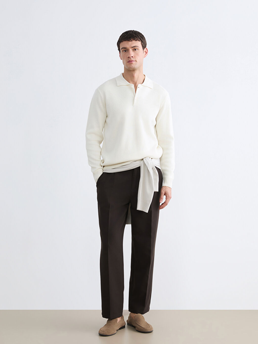 Bej Polo Yaka Erkek Triko Kazak-1