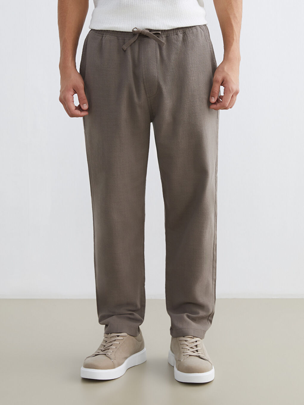 Bej Lastikli Bel Bol Fit Keten Erkek Pantolon-3