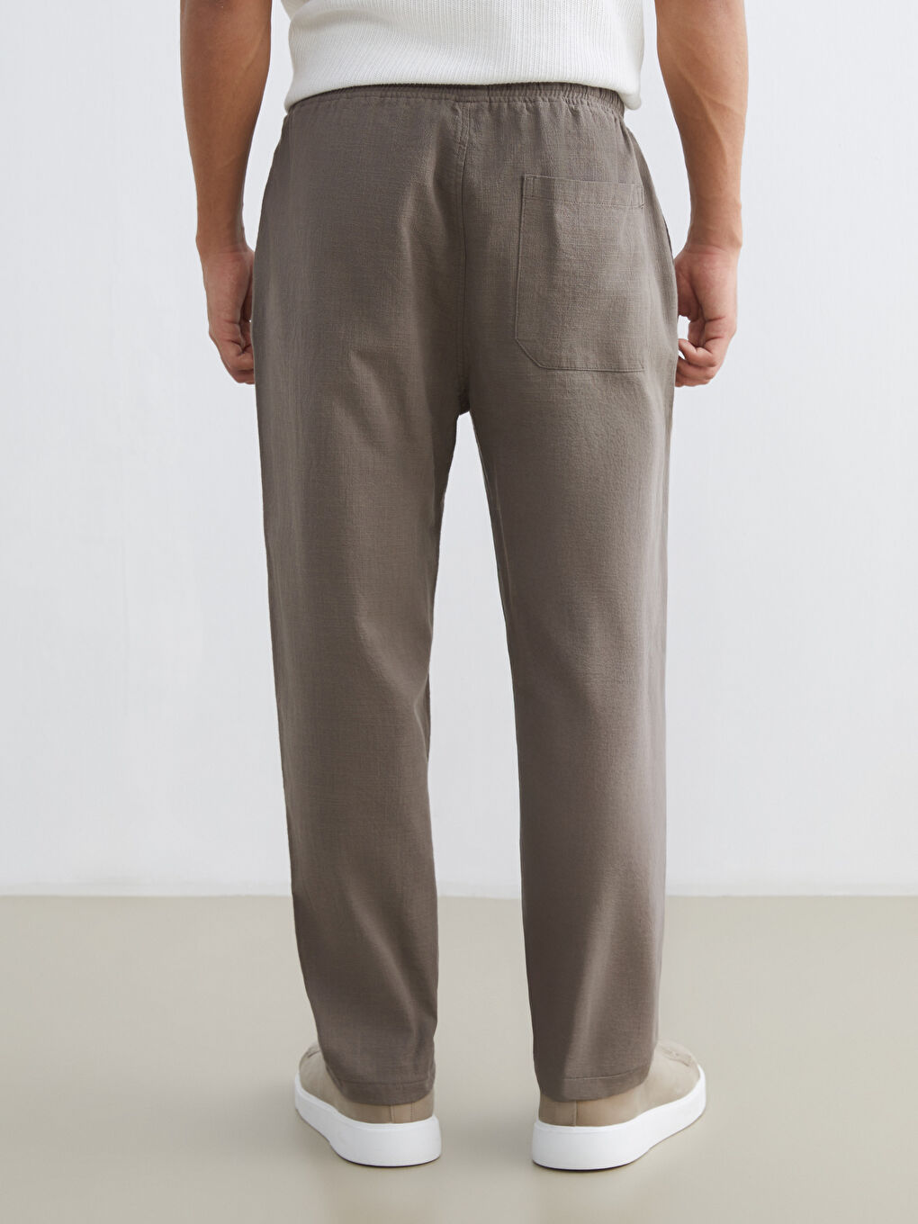 Bej Lastikli Bel Bol Fit Keten Erkek Pantolon-7