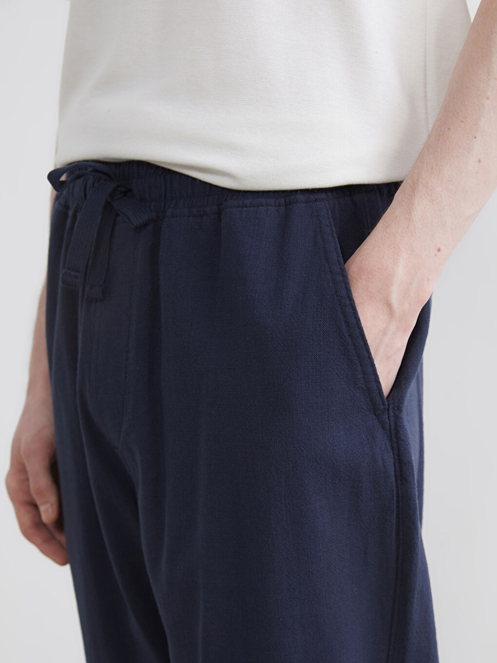 Lacivert Rahat Kalıp Keten Görünümlü Erkek Pantolon-2