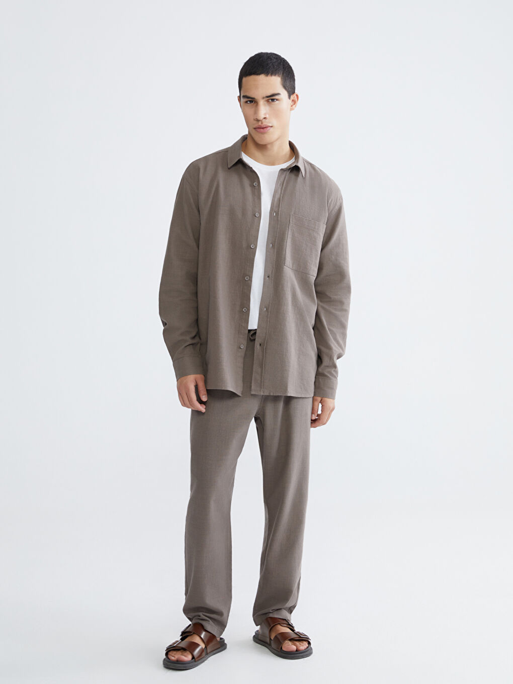 Bej Lastikli Bel Bol Fit Keten Erkek Pantolon-1