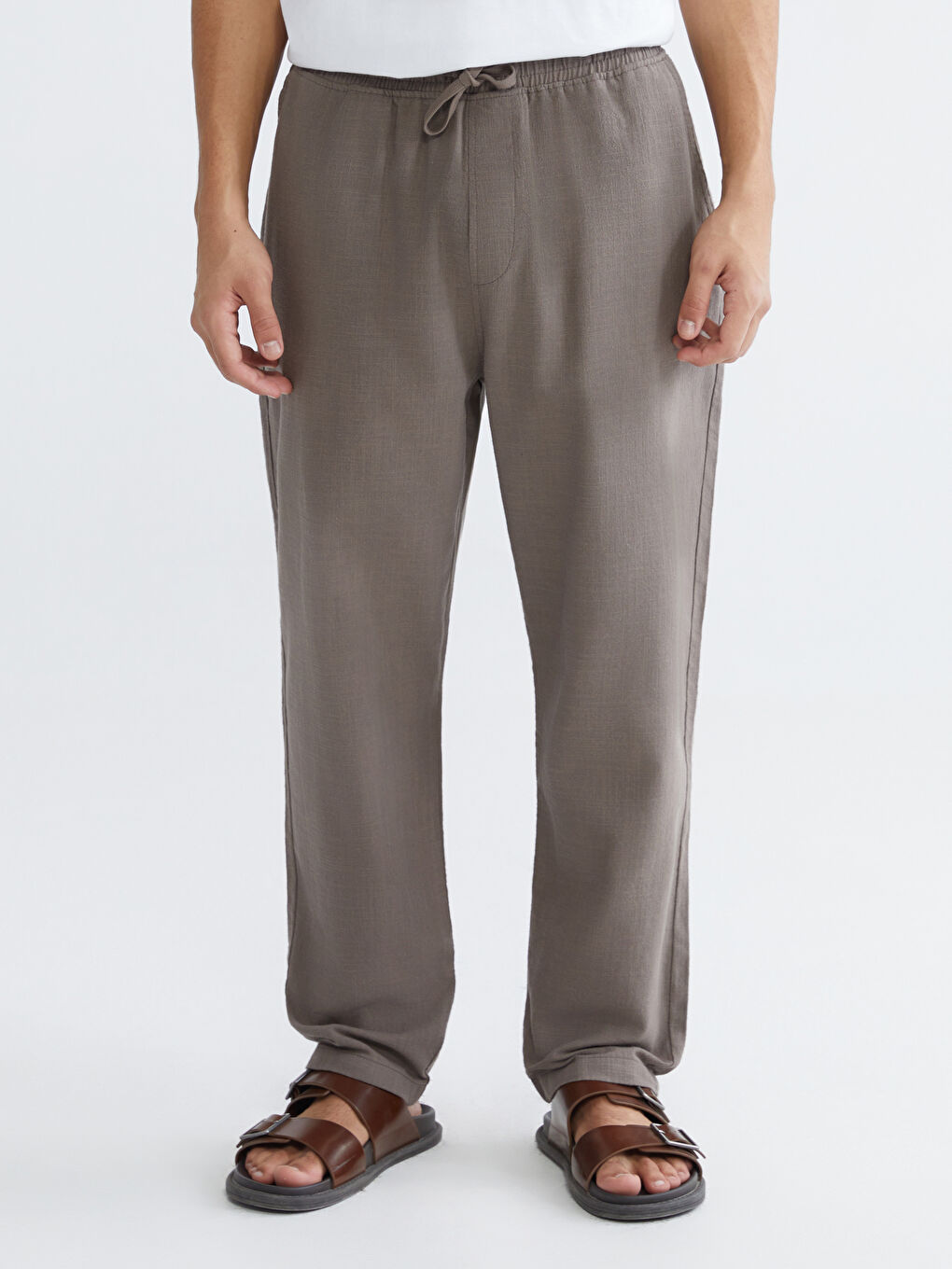 Bej Lastikli Bel Bol Fit Keten Erkek Pantolon-2