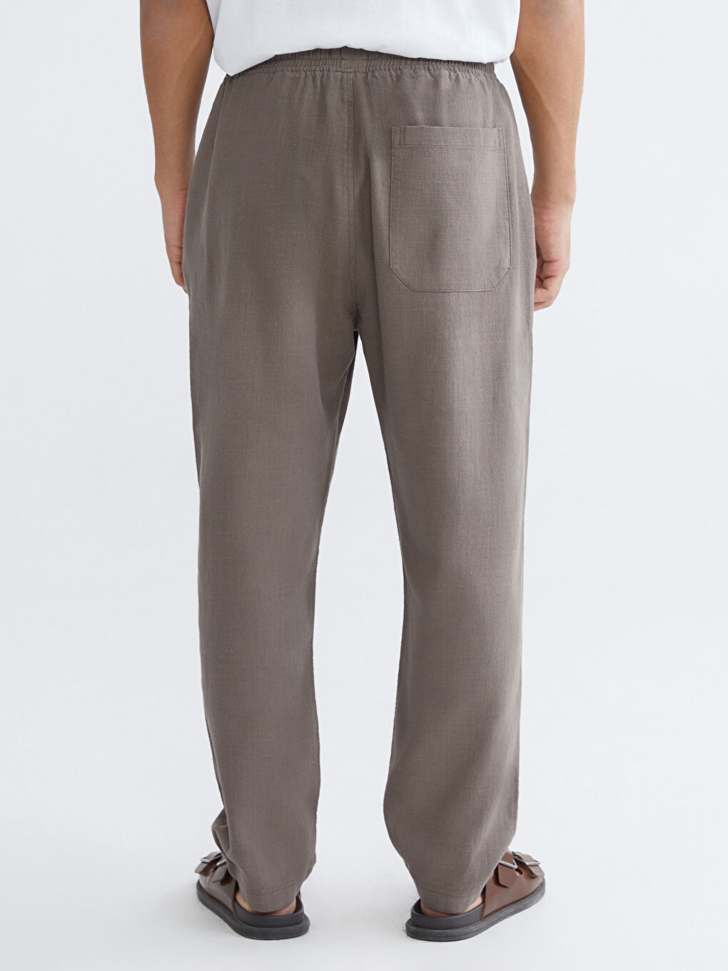 Bej Lastikli Bel Bol Fit Keten Erkek Pantolon-6