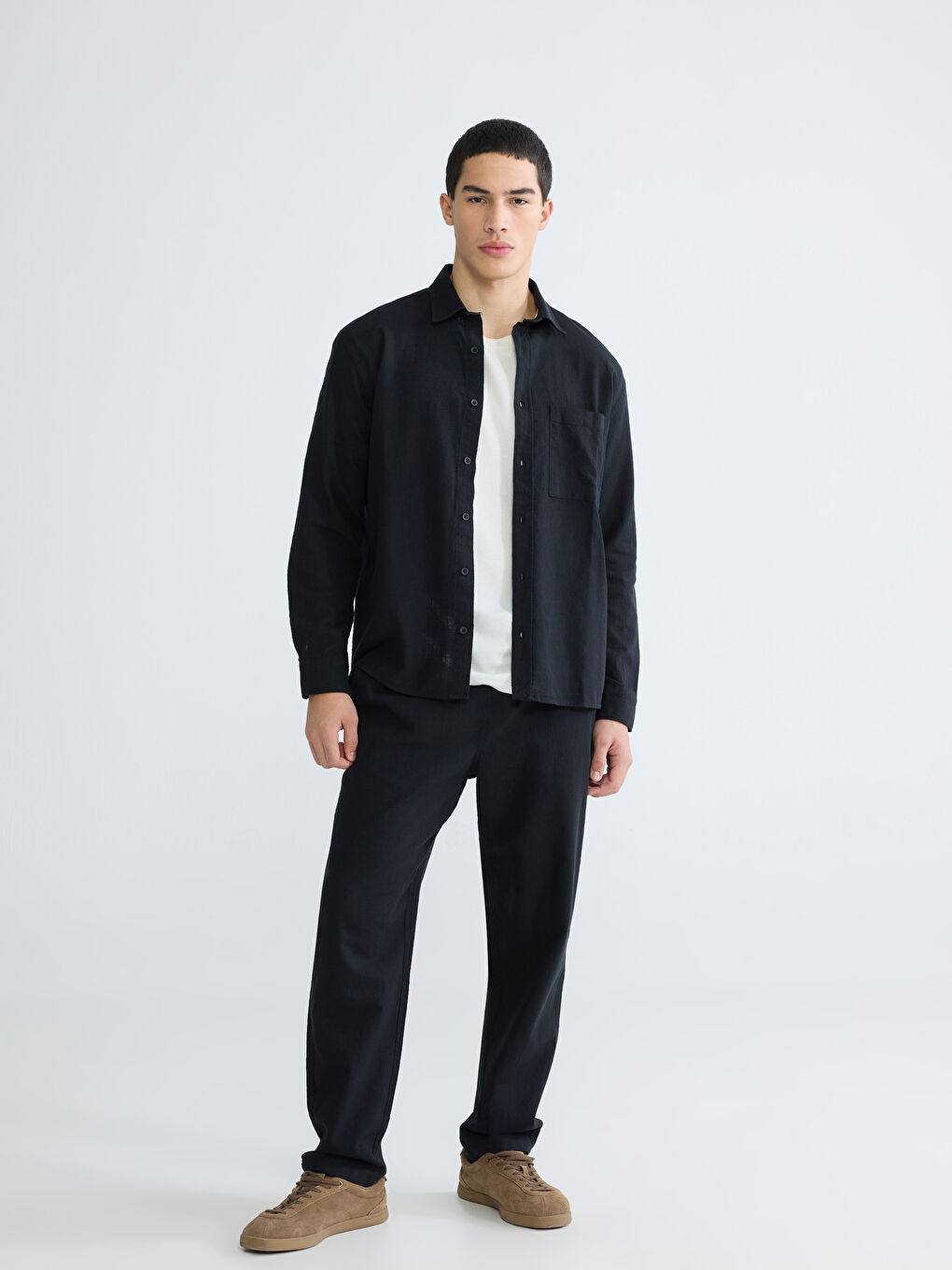 Siyah Rahat Kalıp Keten Görünümlü Erkek Pantolon-2